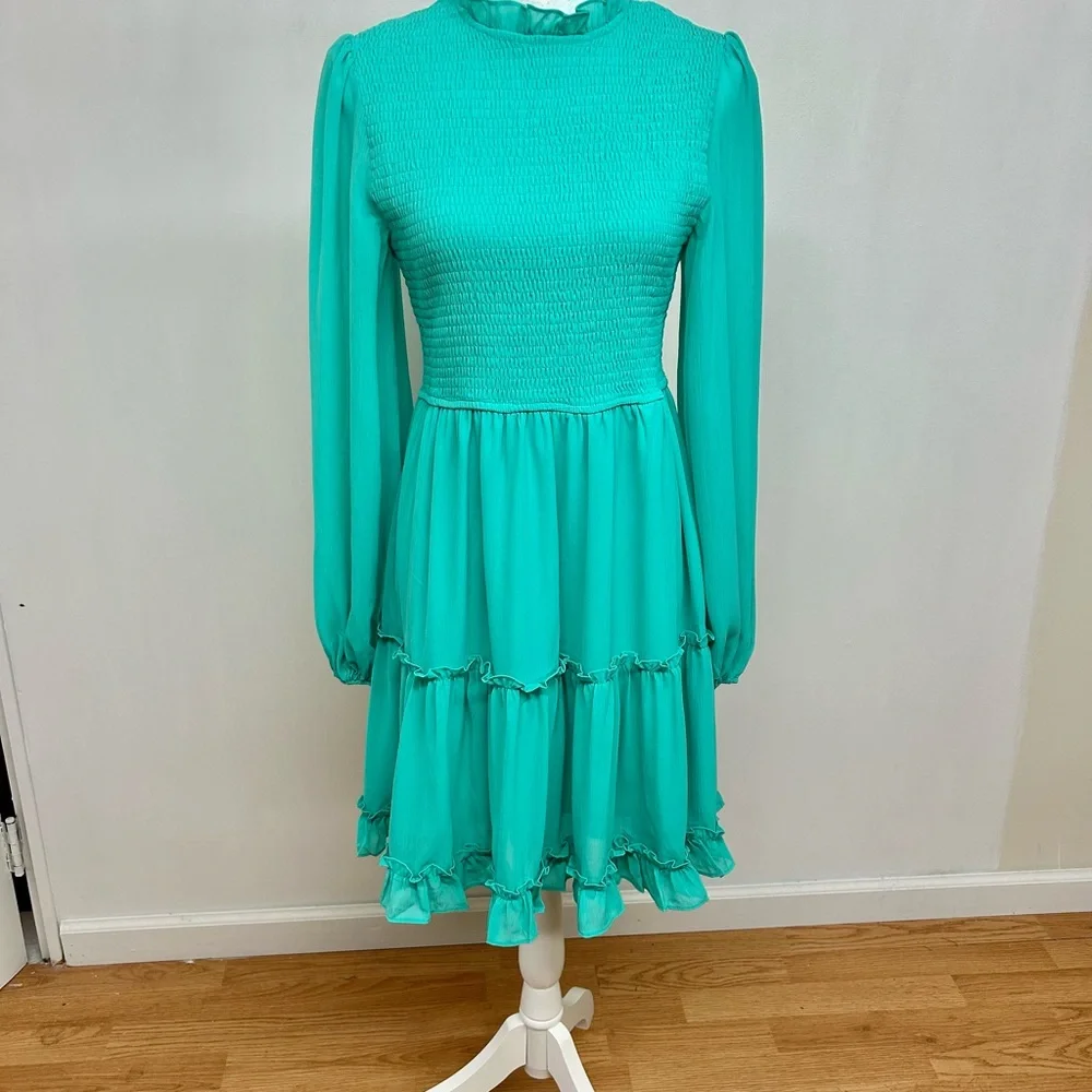 SHE&SKY Smocked Long-Sleeve Tiered Dress in turquoise Size M